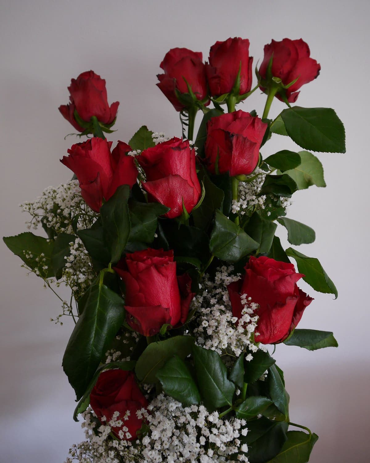 A hand-tied bouquet of deep red roses wrapped in ivory paper